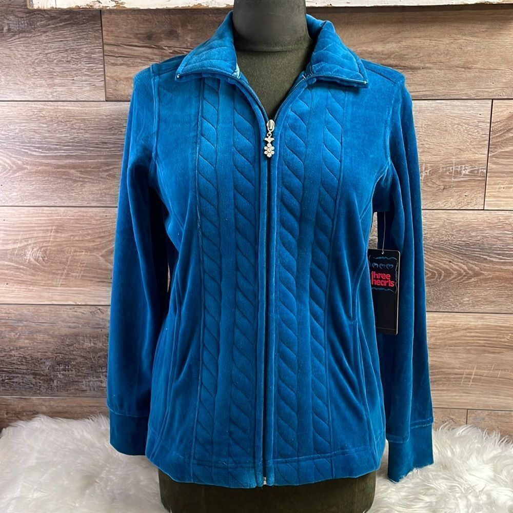 THREE HEARTS Ladies Teal Zip Up Quilted Velour Windbreaker Jacket Size Small NWT